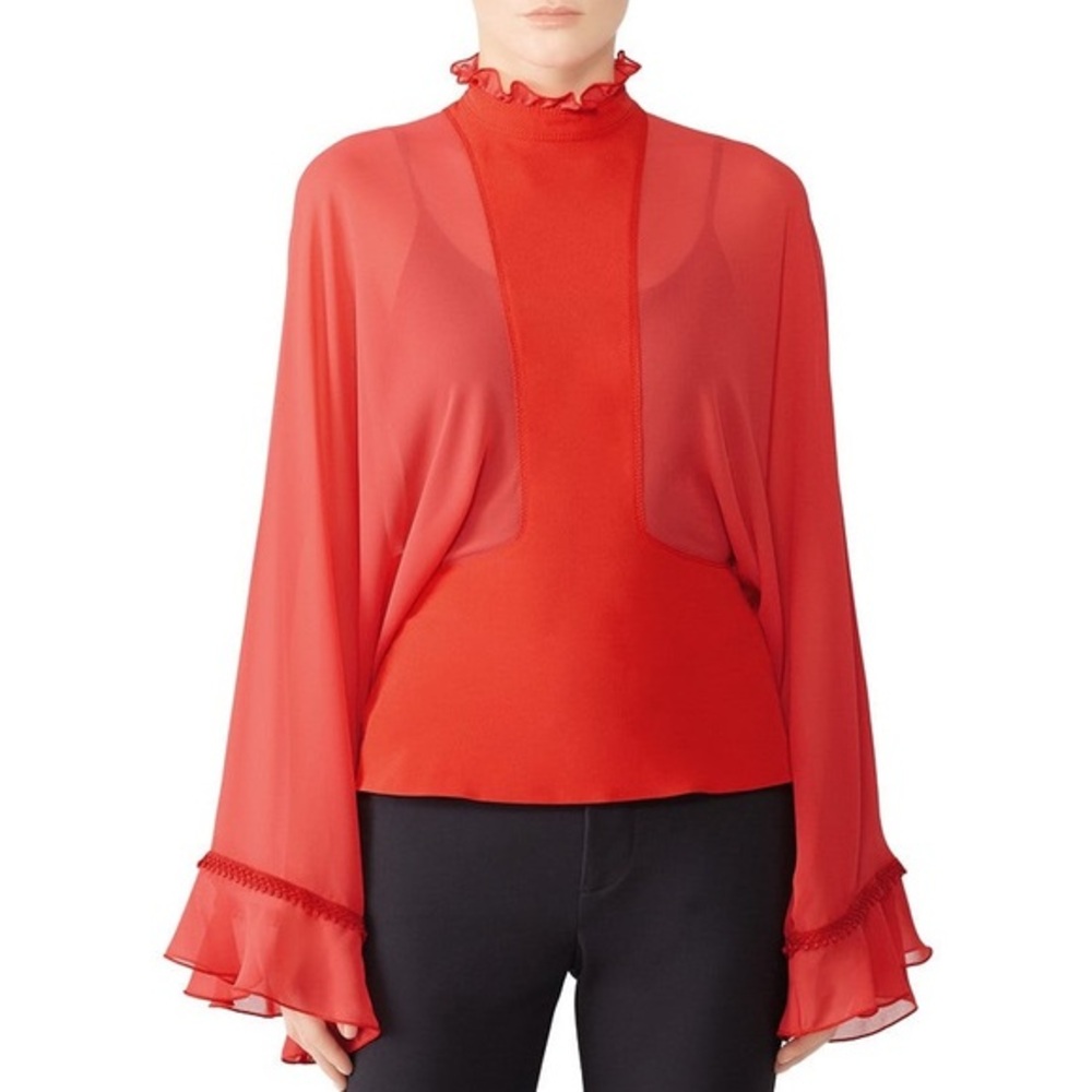 Giambattista Valli Chiffon Red Mock Neck Bell Sleeve Ruffle Blouse